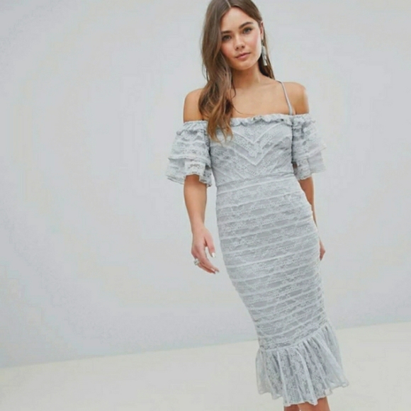 ASOS Dresses & Skirts - ASOS Linear Lace Pencil Midi Dress Ruffle …
